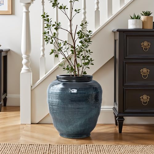 LuxenHome Large Floor Vase, 17.3" Tall Blue Ripples Elegant Ceramic Vase, Big Rustic Flower Vases for Centerpieces, Farmhouse Pottery for Entryway Living Room Decor, Home Décor Accents