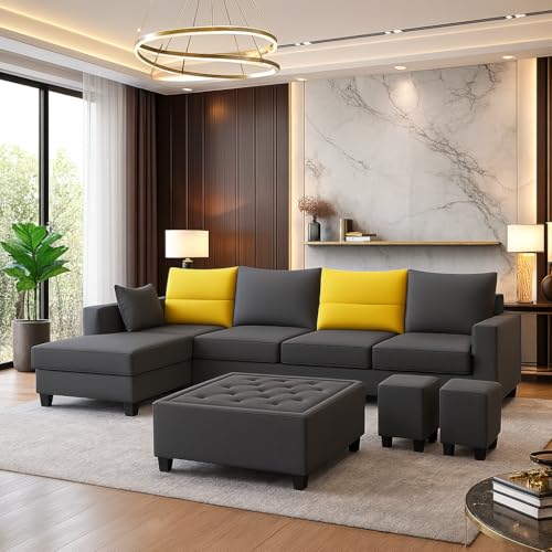 Image of CASASTYLE Texon 8 Seater Fabric LHS L Shape Sofa Set with 1 Centre Table & 2 Puffy (Yellow-Dark Grey) Velvet Finish | Comfortable Sectional Sofa for Living Room