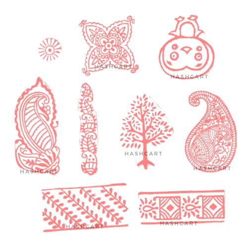 Image of Hashcart | Set of 10 | Multi Shape Designer Stamps for Scrapbooking | Wooden Blocks for Project Designing | Henna Mehndi | Clay | Pottery Craft | Saree Border | Project Making