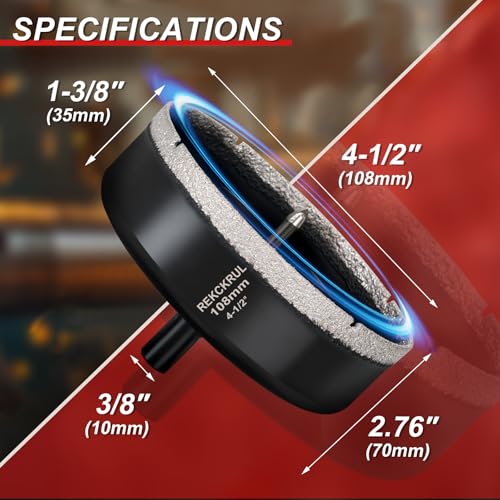 Image of 4-1 /4 Inch Diamond Hole Saw with Pilot Drill Bit 1PCS | Premium Tile Hole Saws Porcelain, Ceramic, Granite, Marble, Glass , 1-3 /8 inch Cutting Depth, Serrated Edge Wet /Dry Use (108mm)