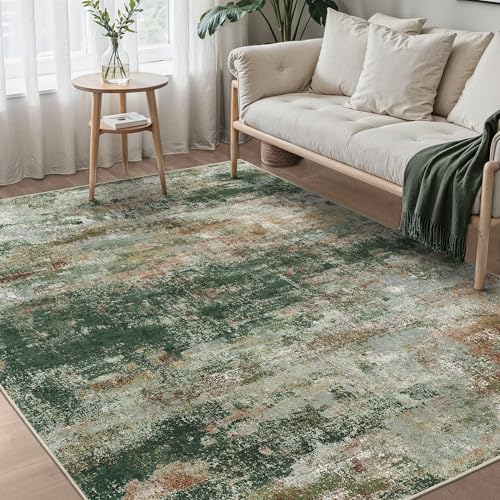 Image of BEIMO Area Rugs 8x10 for Living Room Bedroom, Modern Abstract Machine Washable Rug, Large Soft Low Pile Floor Carpet with Non Slip Backing for Dining Room, Green /Brown