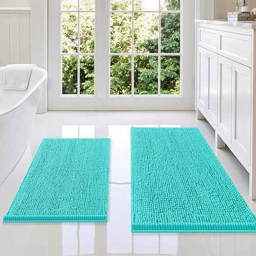 Image of Smiry Bathroom Rugs Sets 2 Piece, Soft Absorbent Chenille Machine Washable Non Slip Shaggy Bath Rug Set for Tub, Shower, and Floor (36x24+30x20, Turquoise)