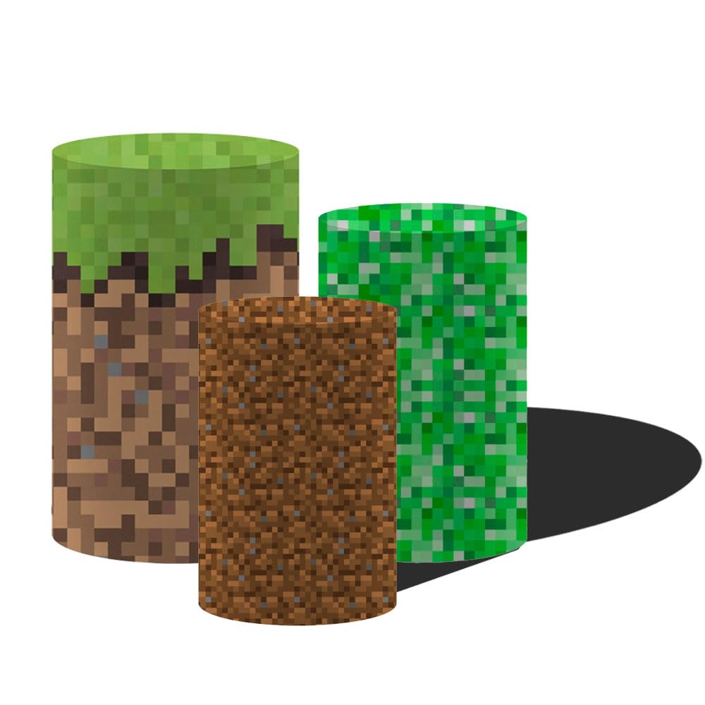FiVan Birthday Party Game Theme Pixelated Pedestal Plinth Covers,Set of 3,Stretchy Spandex Cloth for Cylinder Metal Stands Decoration (Medium Set of 3