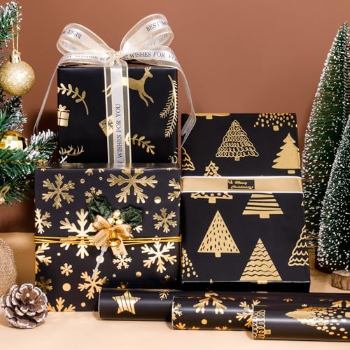 Toptime Christmas Wrapping Paper Roll, 3 Black Gold Wrapping Paper 43cmx3m with Gift Ribbon Stickers - Image 4