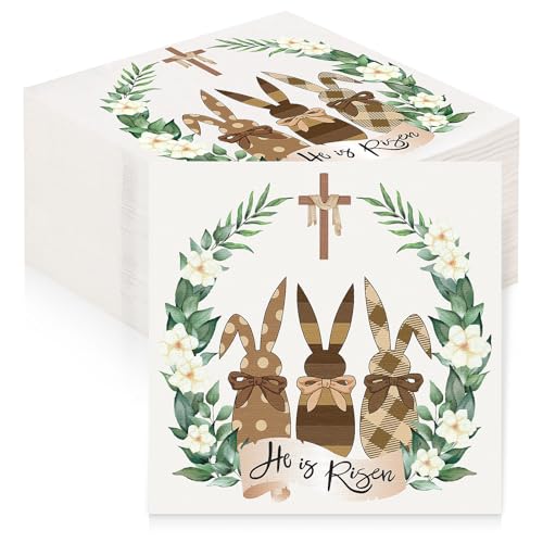 JULMELON Lot de 40 serviettes de Pâques lapin avec couronne de fleurs - Décoration de table pour Pâques - 33 x 33 cm - Printemps - Couronne de fleurs - Vert - Pour garden-party ou anniversaire,