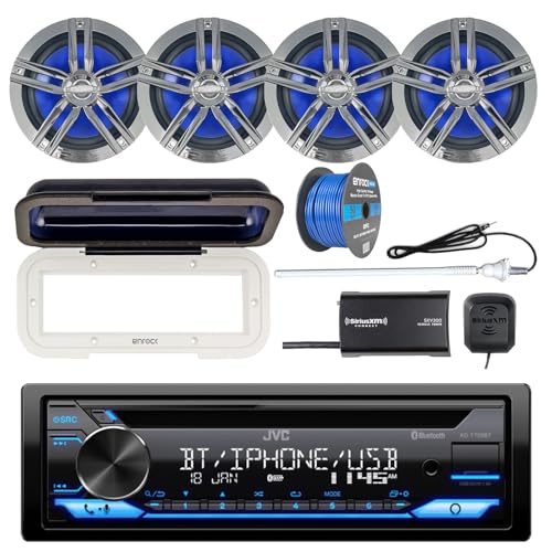 Image of Single DIN AM /FM Radio Bluetooth CD Player Receiver, Cover, 4x 6.5 inch 180 Watt 2-Way Marine Speakers (Charcoal), Satellite Radio Tuner Kit, White Long Range Radio Antenna, Wire