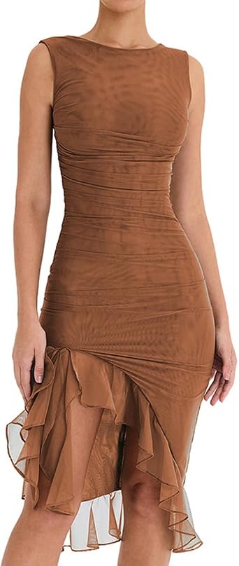 Womens Sexy Sleeveless Sheer Mesh Ruched Midi Bodycon Dress Frill Hem Cocktail Party Formal Dresses