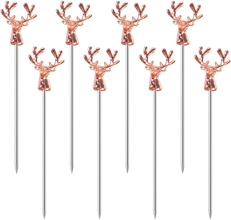 MewuthedeCocktail Picks,8 Piece Stainless Steel Deer Head Shape Martini Picks Reusable Toothpicks Fruit Picks for Olives, Appetizer, Sandwiches, Cherries (Rose Gold)