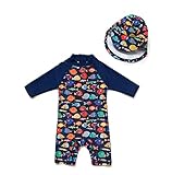 ADAVERANO Baby Jungen Sonnenanzüge UV50+ Badebeklideung Wimsuit Mit Sonnenhut.(Der Bunte Fisch,92-98Cm)