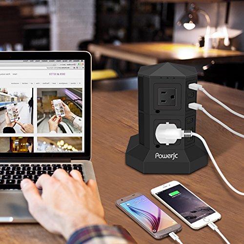 Tower Power Strip Surge Protector 8 AC Outlets with 6 USB Ports Chargers Black-Powerjc