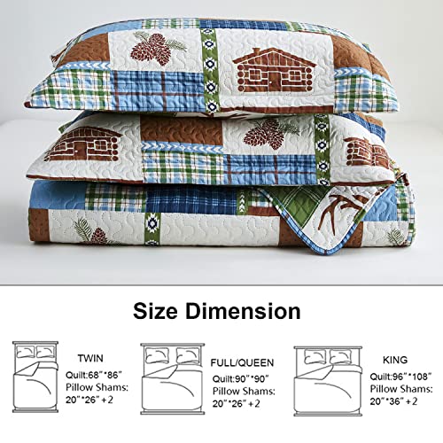 Lodge Quilt Set Twin Size Plaid Patchwork Rustic Cabin Bedding Moose Elk Quilt Blue Green Gingham Grid Bedspread Coverlet Soft Lightweight Reversible Quilts Winter Bed Cover Set With 2 Pillow Shams #TOP6