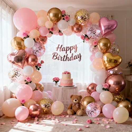 Image of Zesliwy Rose Gold Pink Balloon Arch Kit,Light Pink Nude White Metallic Gold Balloons Garland Rose Gold and Gold Confetti Balloons with Heart Balloon for Wedding Bridal Shower Birthday Party Decor