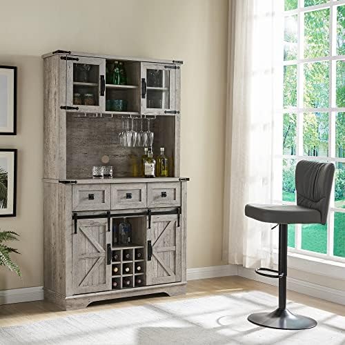 OKD Farmhouse Bar Cabinet with Sliding Barn Door, Kitchen Hutch Storage Cabinet w/Wine and Glass Rack, Drawers, Adjustable Shelves, Sideboard Buffet Pantry for Dining Room (Light Rustic Oak)