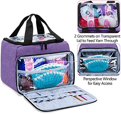 LoDrid Knitting Starter Kit with Yarn Set Tools for Beginners, Portable Knitting Tote Bag with 12(50g) Basic Colors Yarn & 2 Crochet Hooks, 6 E-Books, Yarn Project Organizer, for Adults & Kids, Purple
