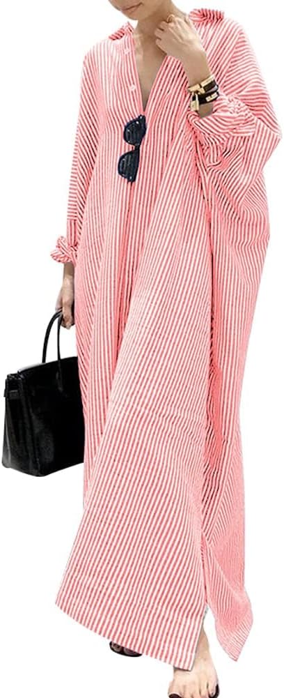 Bengbobar Women's Casual Long Sleeve Button Down Loose Striped Linen Cotton Shirt Dress Drop Maxi Tshirt Dress for Women