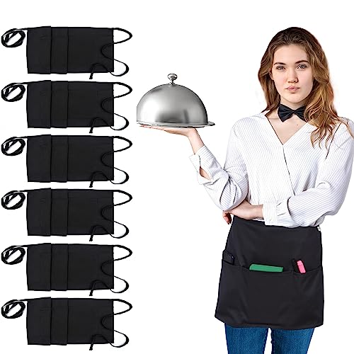 RUVANTI 6 Pack Server Aprons with Pockets, Black Apron for Men, PolyCotton Chef Aprons for Women with 29