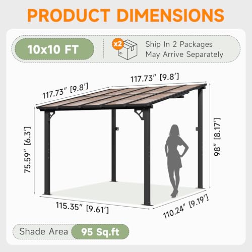 Image of 10x10FT Lean to Gazebo, Hardtop Metal Pergola with Polycarbonate Roof, Large Wall Mounted Heavy Duty Awnings, Patio Canopy for Backyard, Deck, Porch