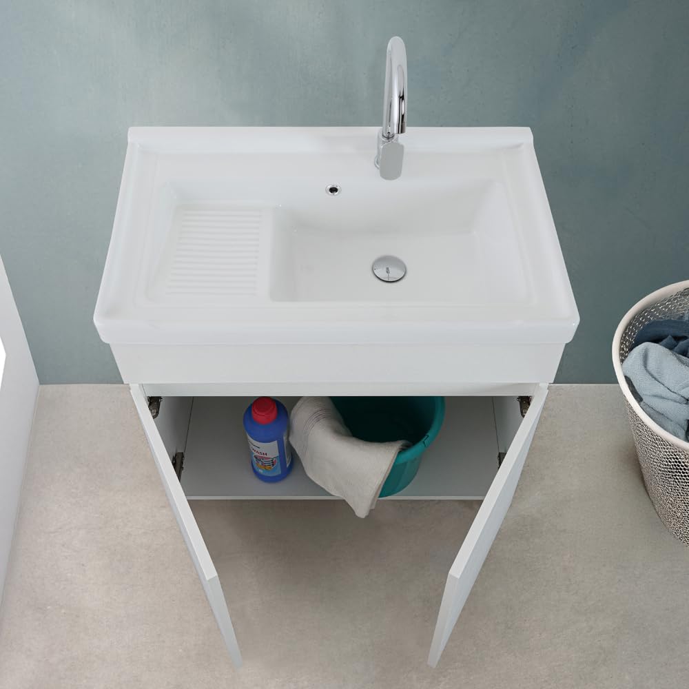 Mobile Lavatoio 79x46,8 Cm Bianco Frassinato Con Vasca In Ceramica Dotata Di Zona Strofinatoio, Struttura Già Montata In Legno Nobilitato Con 2 Ante Apribili A Gola