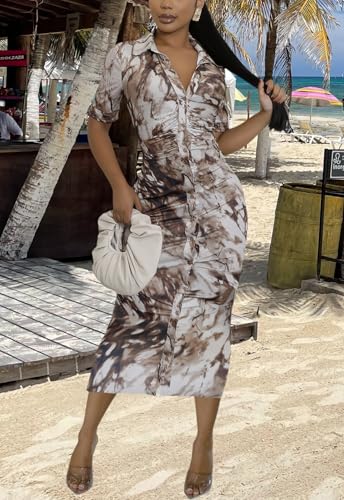 Image of ZERMOM Women's Button Down Shirt Dress Short Sleeve Print Collar V Neck Summer Bodycon Midi Dresses