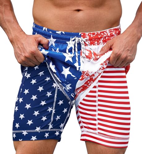 Mainfini Men's Stripes and Stars Swimsuit Inappropriate 4th of July Beach Short with Liner 6