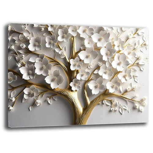 Quadro Moderno Camera da letto ALBERO della VITA FIORI BIANCHI Astratto Quadri moderni soggiorno fiore bianco Parete Stampa su tela Canvas Decorazione Murale muro Arredo Salone (10, 30x40 cm)