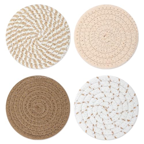 Woven Coasters, Brown Cute Coasters for Desk Minimalist Aesthetic Coaster Set of 4 for Kitchen Dining Coffee Desk Tabletop Protection Housewarming Gift for Home Decor (4.13in/10.5cm)