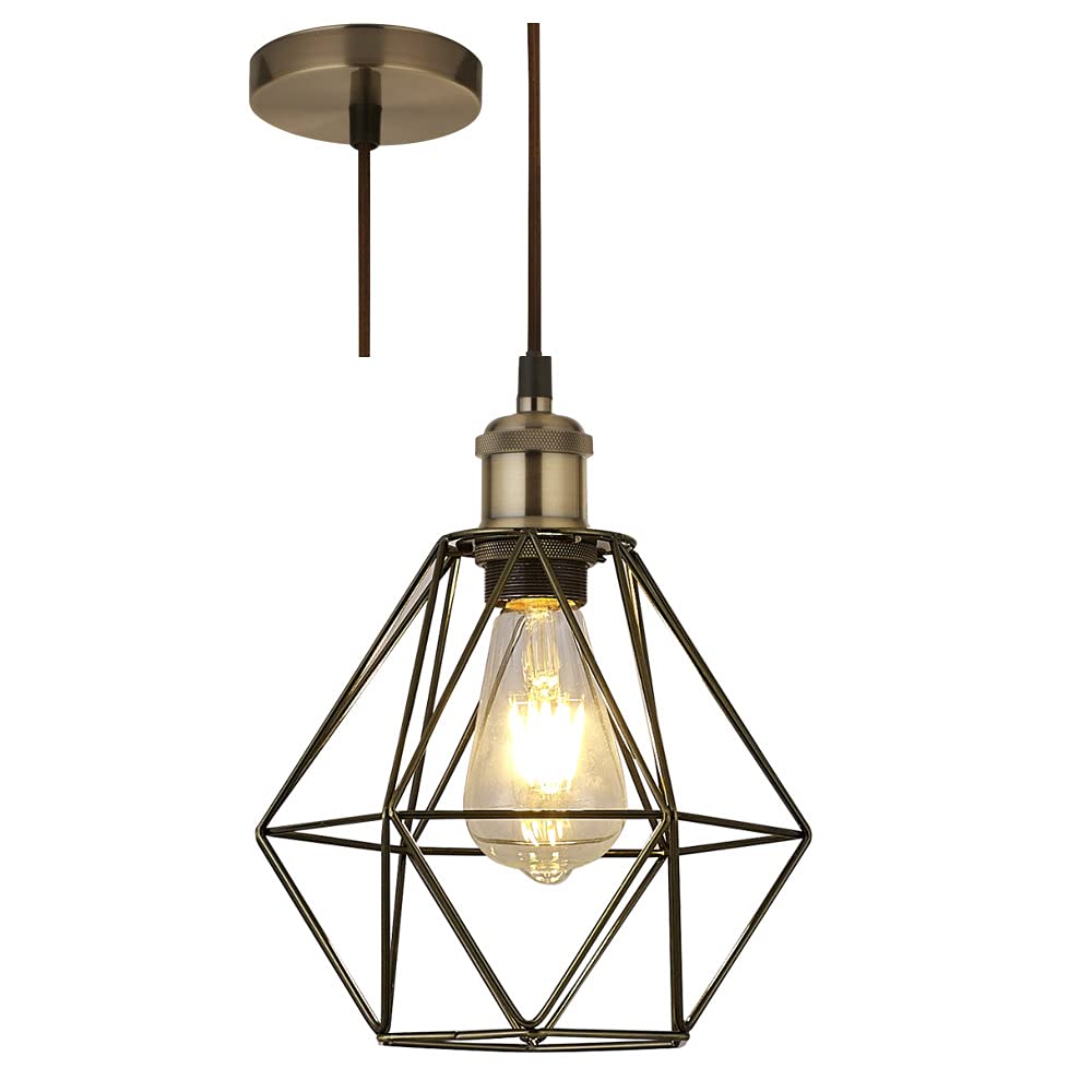 Antique Brass & Brown Braided Cable Retro Bird Cage Geometric Wired Pendant Ceiling Light 22cm | Round Fixing Plate | 1.5 Metres Cable | Industrial Vintage Style | 1 x ES Lamp Required