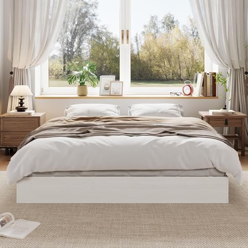 IDEALHOUSE Full Bed Frame, Floor-Standing Platform Design with Wooden Slats, Modern Minimalist Low-Profile Style, Easy Assembly for Bedroom, No Box Spring Needed, White