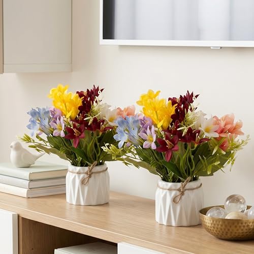 Image of Dekorly Artificial Lavender Plant in White Pot, 18cm - Realistic Faux Flower Arrangement for Home & Office Decor (Set of 1) (2, Multi Colour Lily Flower)