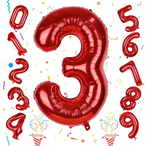 3. Geburtstag Luftballon Deko für Jungen, Große Rot Zahl Folienballon 0–9 Set, 40 Zoll Zahlen 3 Ballon für Kinder Mädchen Geburtstag Party Deko Frauen 3 Jubiläum Party Dekoration, Fliegt mit Helium