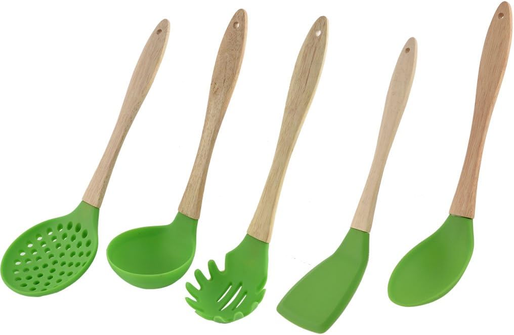 Wooden Handle Silicone Head Household Kitchen Ladle Pancake Turner Cooking Utensil Set 5 in 1 (id: a76 e8e 86f 6ca 56e