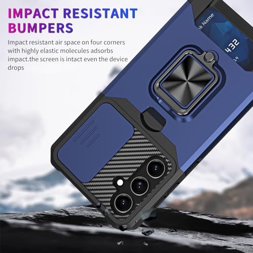 Image of LuxuryKase Shockproof Armor Case for Samsung Galaxy S26 Plus | Slide Camera Cover | Hidden Card Slot | Rotating Ring Kickstand | Magnetic Car Mount Support | Military Grade Protection - Blue
