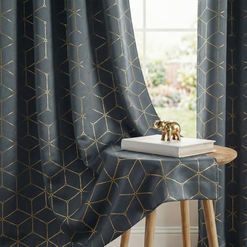 Image of Urban Space 80-85% True Blackout Curtains for Door, Gold Foil Printed Blackout Curtains, Blackout Decorative Door Curtain Eyelet with Tieback, 1 Piece Curtain for Living Room(Hex Stone Grey, 7 Feet)
