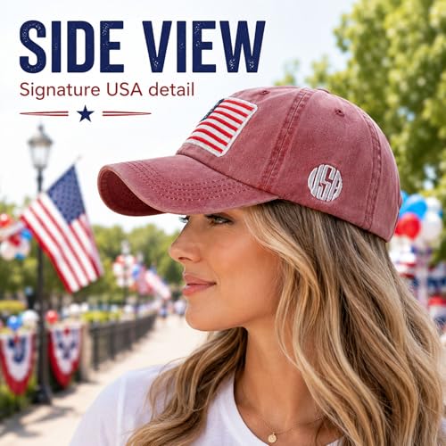 Image of American Flag Baseball Cap for Men Women, Washed Cotton USA Hat, Adjustable Patriotic Cap for 4th of July