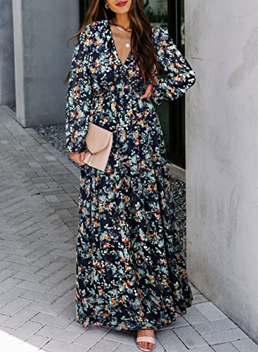 Image of BLENCOT Womens Casual Boho Floral Printed V Neck Long Sleeve Long Maxi Dress Spring Summer Dresses