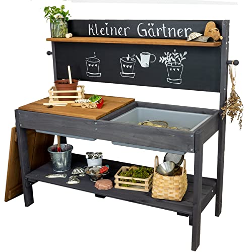 Meppi Petite cuisine de jardin en bois anthracite - Marron - Cuisine extérieure en bois / table de plantation pour enfants / table de bricolage pour extérieur
