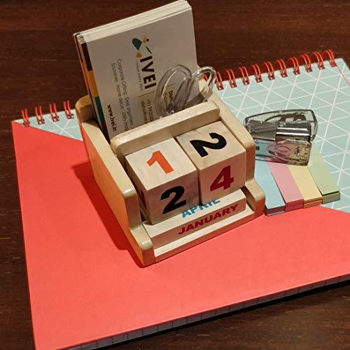 Image of IVEI Wooden Desk Calendar with Pen /Card Holder - Lifetime Calendar - Minimal Desk Calendar & Pen Holder - Mini Desk Organizer Wooden Perpetual Calendar set for Desk Decor, Study Room, Home & Office