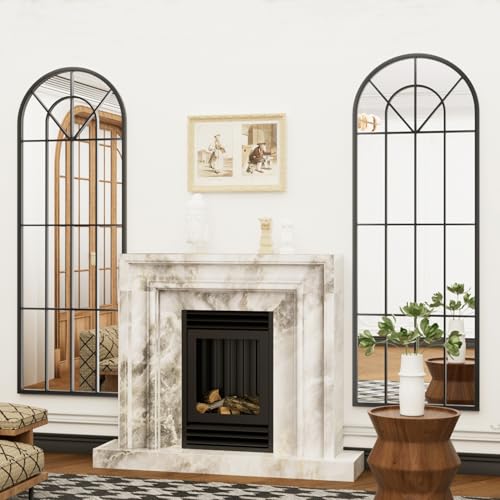 Image of Dewfig Arched Windowpane Floor Mirror, 65 inchx 22 inch Full Length Mirror, Black