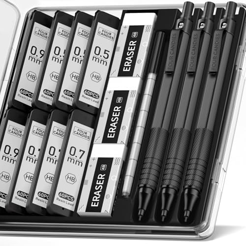 Image of Four Candies Metal Mechanical Pencil Set, 3PCS, 0.5 & 0.7 & 0.9mm, Black
