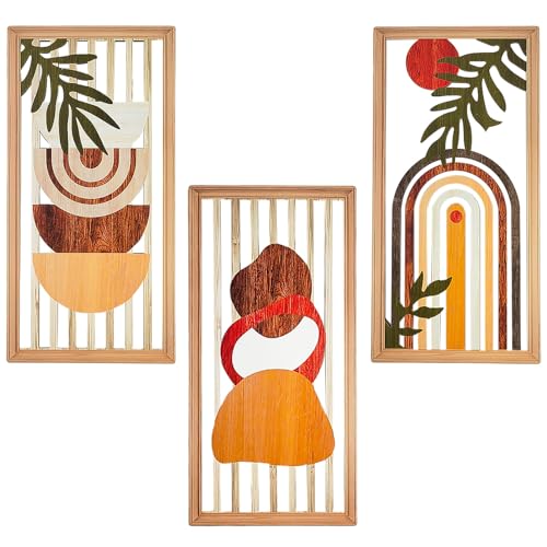 Wholesoukyii 3 Piezas Decoracion Pared de Estilo Bohemio, Cuadros Decorativos de Madera en Color Verde, Sencillos y Elegantes, con Colores Vivos, para Dormitorios, Salones, Oficinas y Hoteles