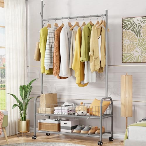 Image of Lukzer | MGR-002 | Grey | Metal Cloth Stand & Garment Rack with Wheels, 2 Bottom Shelves & Single Rod - Space-Saving Clothes Organizer for Bedroom, Bathroom, Office & More | 173 x 90 x 34 cm