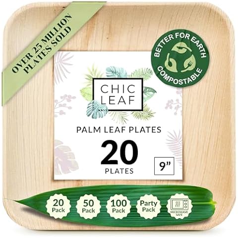Chic Leaf Palm Leaf Plates Disposable Bamboo Plates Like 9 Inch Square (20 pc) - 100% Compostable and Biodegradable - Wedding Party Plates - Better than Plastic and Paper Plates Cover