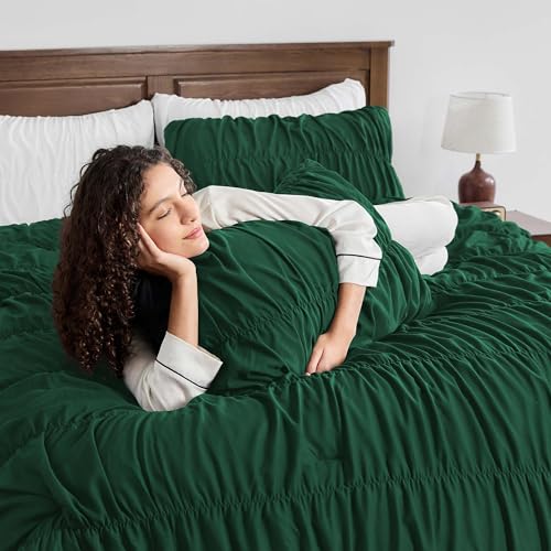 Image of Andency Ruched Dark Emerald Green King Size Comforter Set, Shabby Chic Pleated Bedding Sets 3 Pieces, Lightweight Soft Boho Ruffle Bed Set for Girls, Kids, Women, All Season