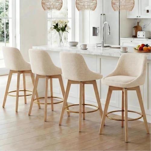 Image of Zesthouse Swivel Counter Height Stools Set of 4, 26 inch Wooden Barstools with Back & Solid Wood Legs, Modern Upholstered Bar Stools for Kitchen Island, Beige Linen Fabric Counter Height Chairs