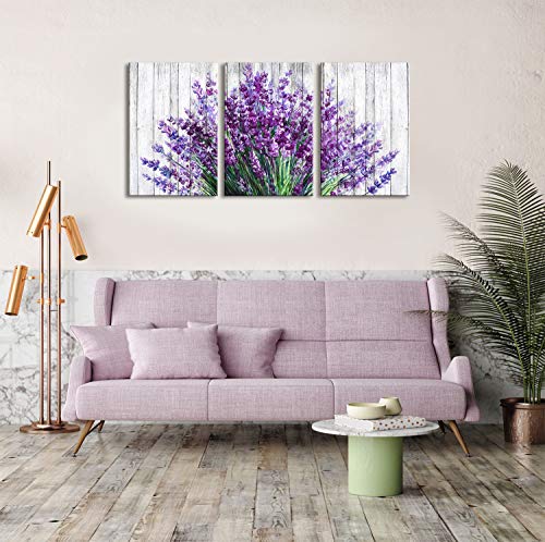 Rustic Flower Pictures Purple Canvas Wall Art For Living Room Large Size Lavender Bedroom Painting Floral Posters Bathroom Wall Decor Vintage Plant Artwork Dinner Room Office Home Decoration 24X36" 3Pcs #TOP3