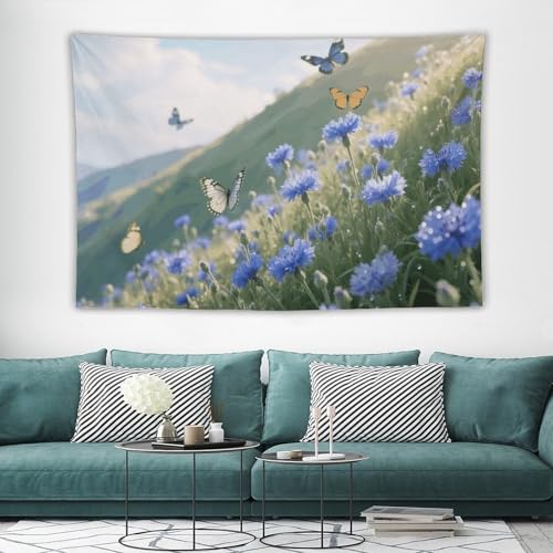 Tapisserie murale pour chambre à coucher et salon motif grand tissu vintage bleuets