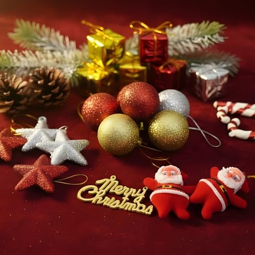 Image of Crackles Christmas Decoration Gift Set (34 Pcs) | Complete Mix Ornament Combo with Balls, Gifts, Pine Cones & Santa | Festive Xmas Tree Decoration Kit for Home, Office & Party