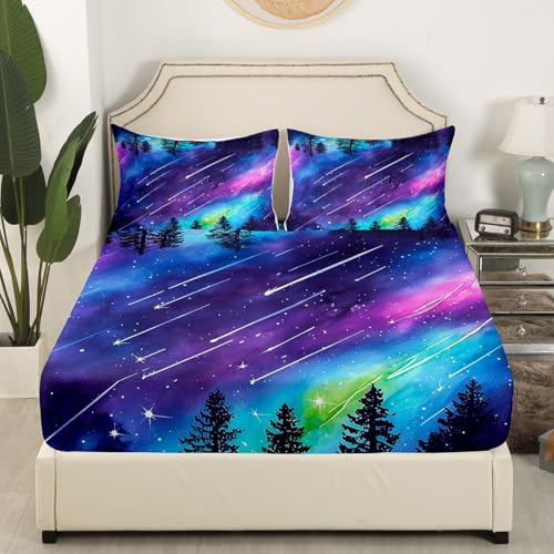Homemissing Galaxy Bed Sheets Set Double Size Outer Space Sheet Set Universe Cloud Galaxy Glitter Shooting Star Print Tree Sheets with Deep Pocket Fitted Sheet Teens Decor Colorful Bedding Set Closure - Image 3