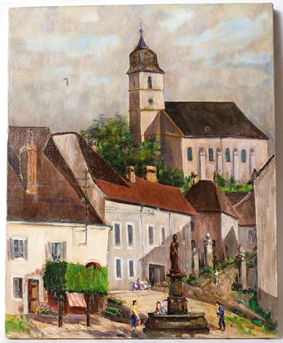 Antique Oil Painting Original Landscape, Fountain, Village signed