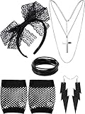 80s Costume Accessories, Fishnet Gloves Lace Headband Earrings Necklace Bracelet (Black)